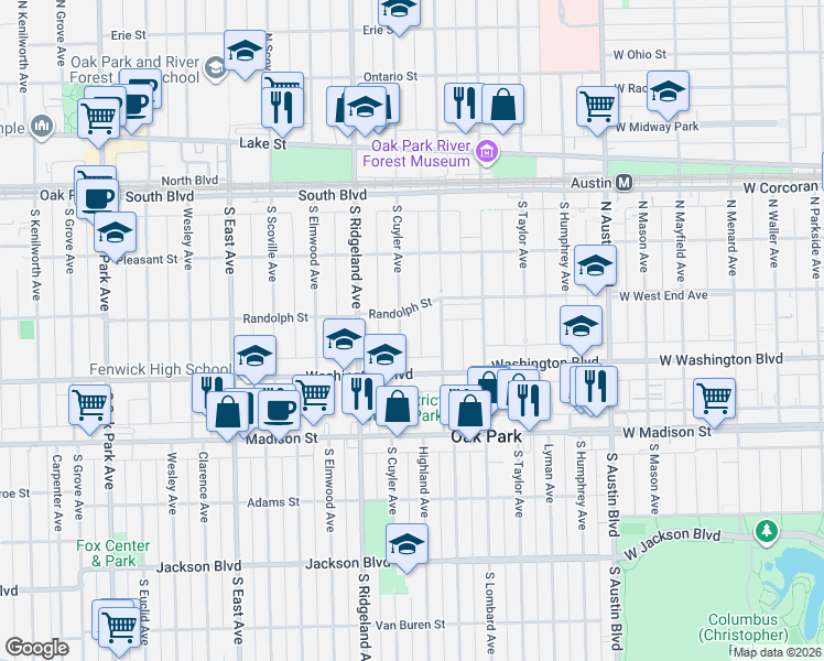 map of restaurants, bars, coffee shops, grocery stores, and more near 311 South Cuyler Avenue in Oak Park