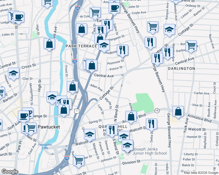 map of restaurants, bars, coffee shops, grocery stores, and more near 203 Cottage Street in Pawtucket