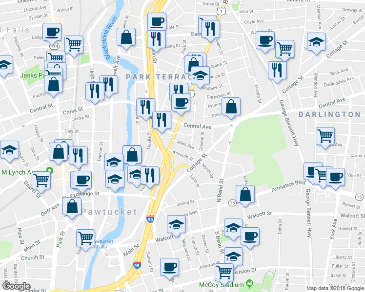 map of restaurants, bars, coffee shops, grocery stores, and more near 19 Allen Avenue in Pawtucket