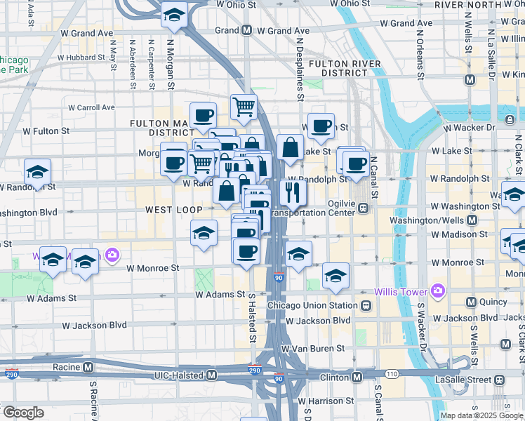 map of restaurants, bars, coffee shops, grocery stores, and more near 737 West Washington Boulevard in Chicago