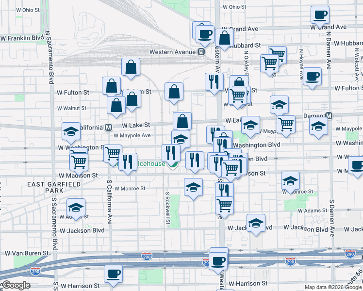 map of restaurants, bars, coffee shops, grocery stores, and more near 2538 West Washington Boulevard in Chicago