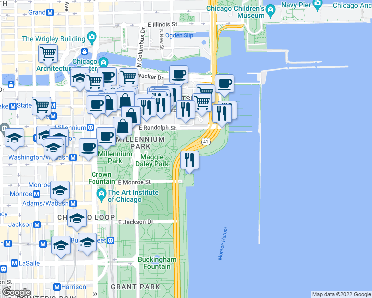map of restaurants, bars, coffee shops, grocery stores, and more near N Lake Shore Dr & S Lake Shore Dr in Chicago