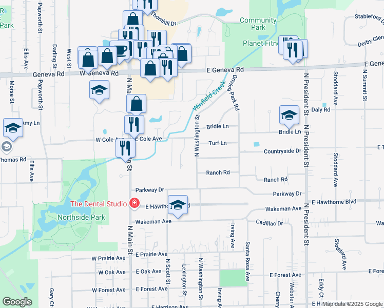 map of restaurants, bars, coffee shops, grocery stores, and more near 405 Countryside Drive in Wheaton