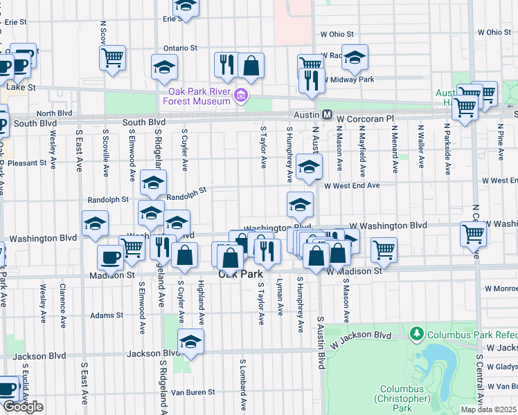 map of restaurants, bars, coffee shops, grocery stores, and more near 323 South Taylor Avenue in Oak Park