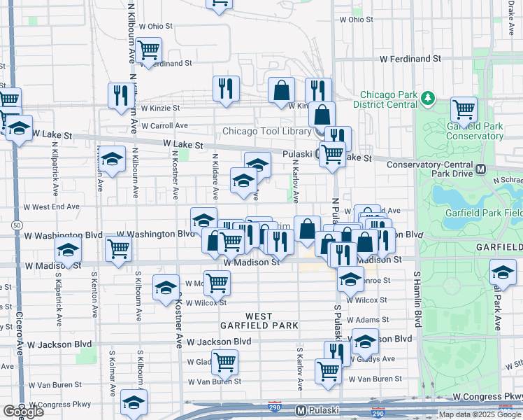 map of restaurants, bars, coffee shops, grocery stores, and more near 131 North Keeler Avenue in Chicago