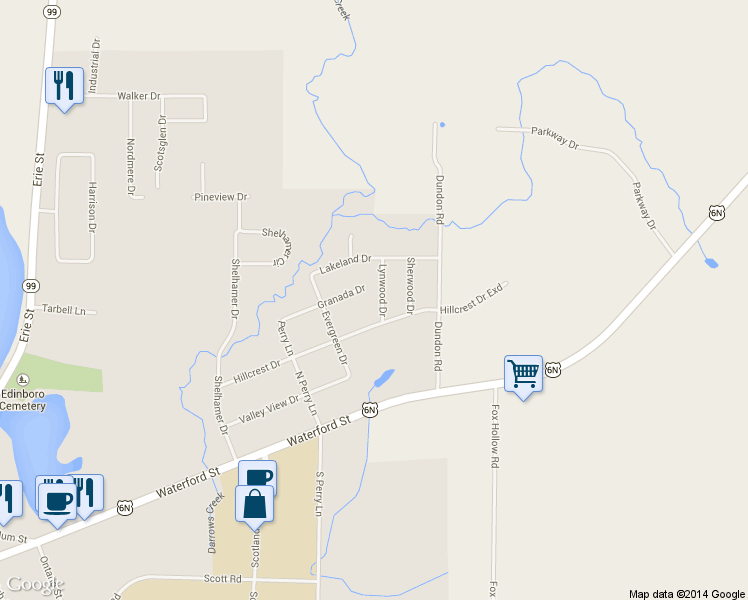 map of restaurants, bars, coffee shops, grocery stores, and more near 103 Lynwood Drive in Edinboro
