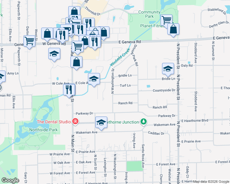 map of restaurants, bars, coffee shops, grocery stores, and more near 405 Countryside Drive in Wheaton
