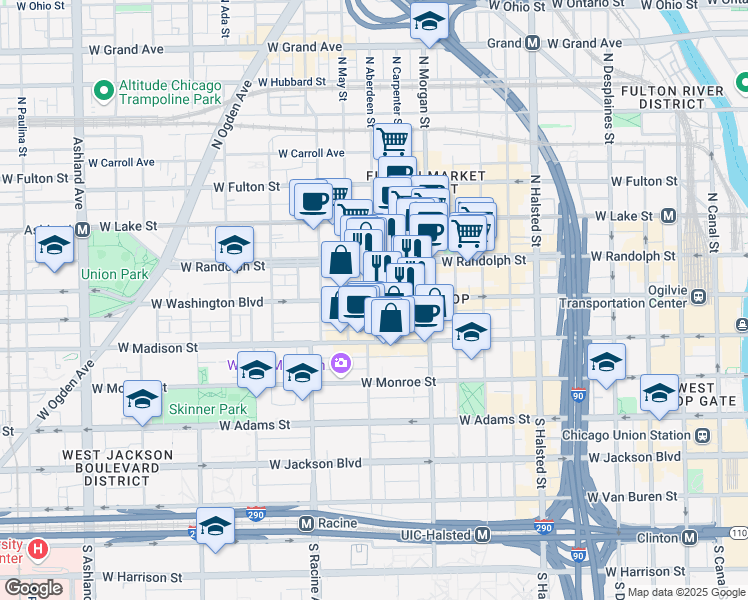 map of restaurants, bars, coffee shops, grocery stores, and more near W Washington Blvd & N Aberdeen St in Chicago