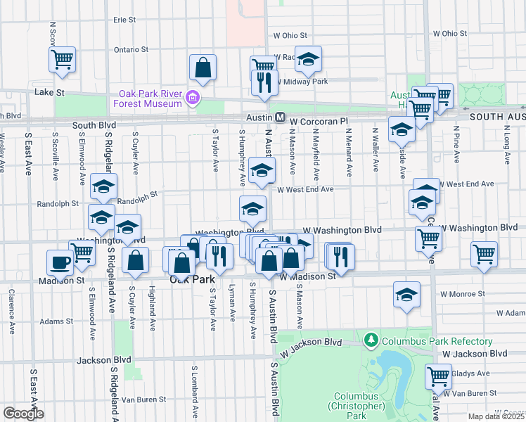 map of restaurants, bars, coffee shops, grocery stores, and more near 124 North Austin Boulevard in Oak Park