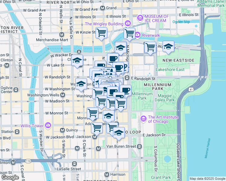 map of restaurants, bars, coffee shops, grocery stores, and more near 111 North State Street in Chicago