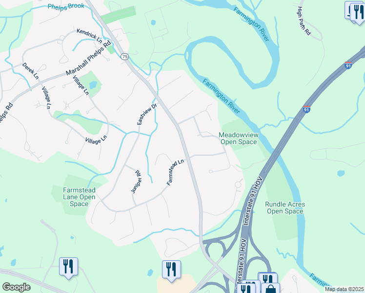 map of restaurants, bars, coffee shops, grocery stores, and more near 1043 Poquonock Avenue in Windsor