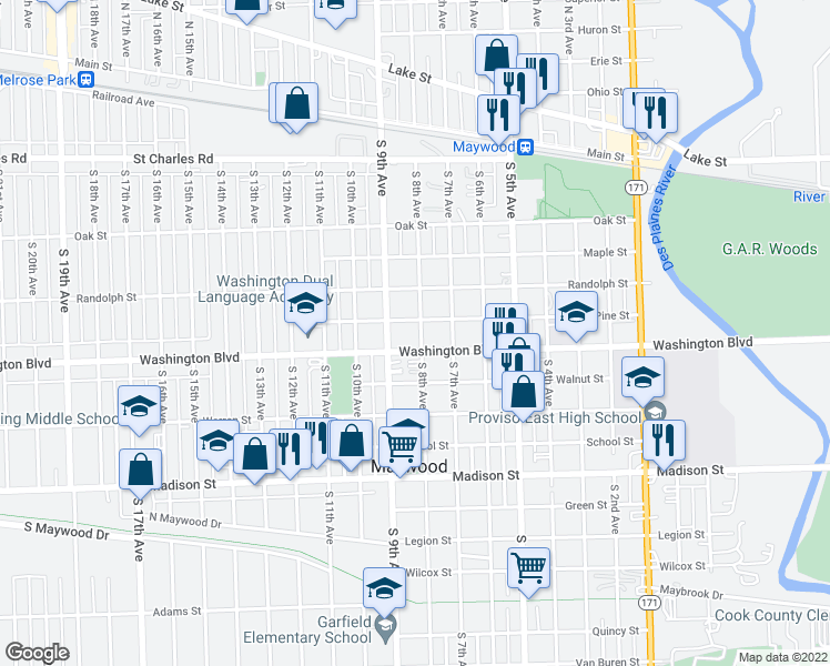 map of restaurants, bars, coffee shops, grocery stores, and more near 508 South 8th Avenue in Maywood