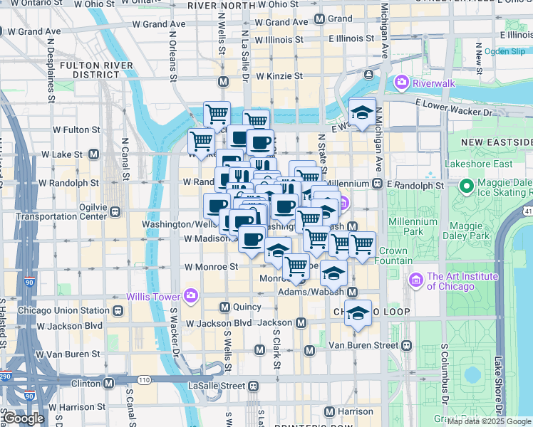 map of restaurants, bars, coffee shops, grocery stores, and more near 111 West Washington Street in Chicago
