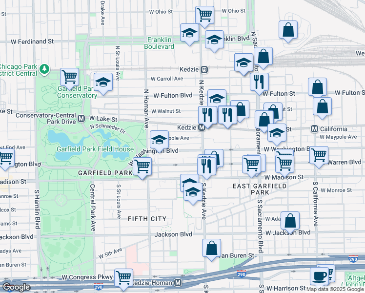 map of restaurants, bars, coffee shops, grocery stores, and more near 3246 W Washington Blvd in Chicago