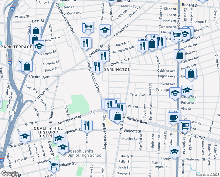 map of restaurants, bars, coffee shops, grocery stores, and more near 3 Saratoga Avenue in Pawtucket