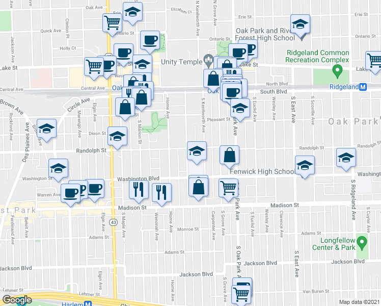 map of restaurants, bars, coffee shops, grocery stores, and more near 304 Clinton Avenue in Oak Park