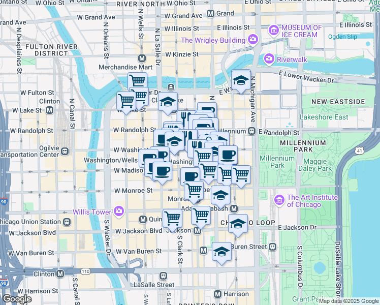map of restaurants, bars, coffee shops, grocery stores, and more near 69 West Washington Street in Chicago