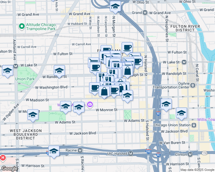 map of restaurants, bars, coffee shops, grocery stores, and more near W Washington Blvd & N Carpenter St in Chicago