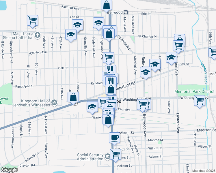 map of restaurants, bars, coffee shops, grocery stores, and more near 502 Mannheim Road in Bellwood