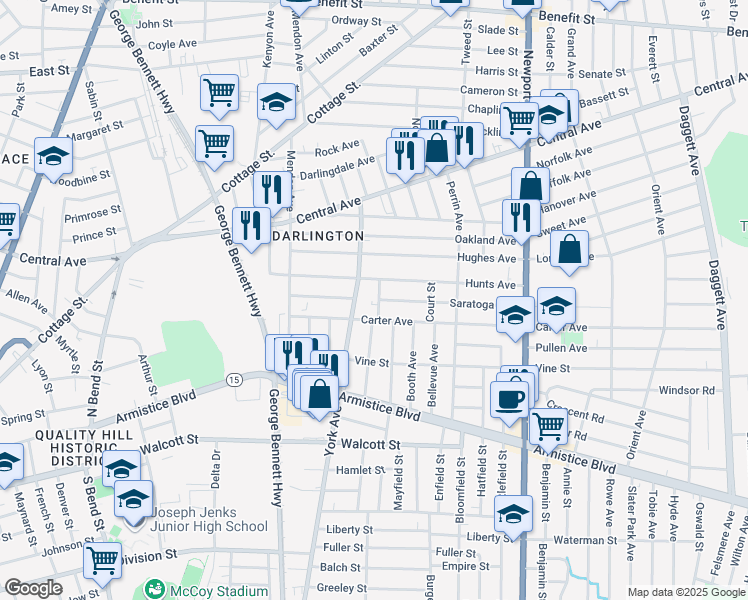 map of restaurants, bars, coffee shops, grocery stores, and more near 28 Elizabeth Street in Pawtucket