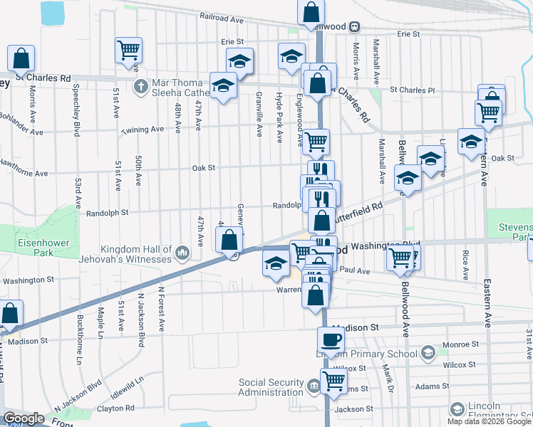 map of restaurants, bars, coffee shops, grocery stores, and more near 507 Granville Avenue in Bellwood