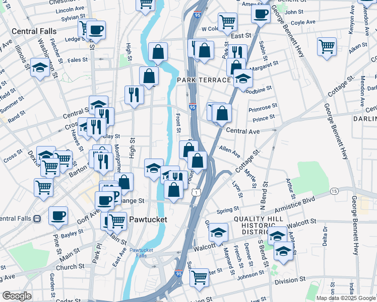map of restaurants, bars, coffee shops, grocery stores, and more near 46 Middle Street in Pawtucket