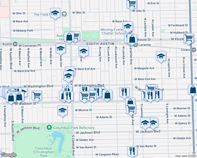 map of restaurants, bars, coffee shops, grocery stores, and more near 122 North Long Avenue in Chicago