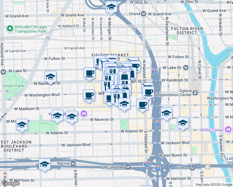 map of restaurants, bars, coffee shops, grocery stores, and more near 939 West Washington Boulevard in Chicago