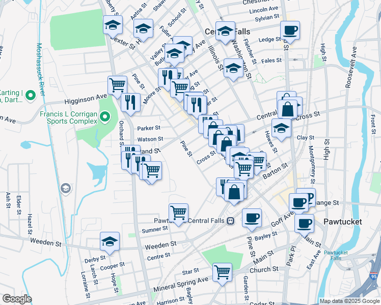 map of restaurants, bars, coffee shops, grocery stores, and more near 61 Knight Street in Central Falls
