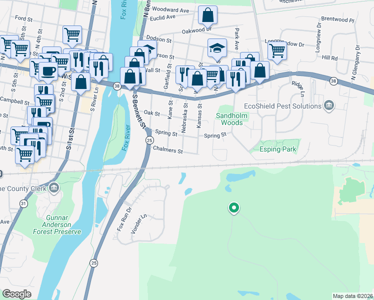 map of restaurants, bars, coffee shops, grocery stores, and more near 227 Nebraska Street in Geneva