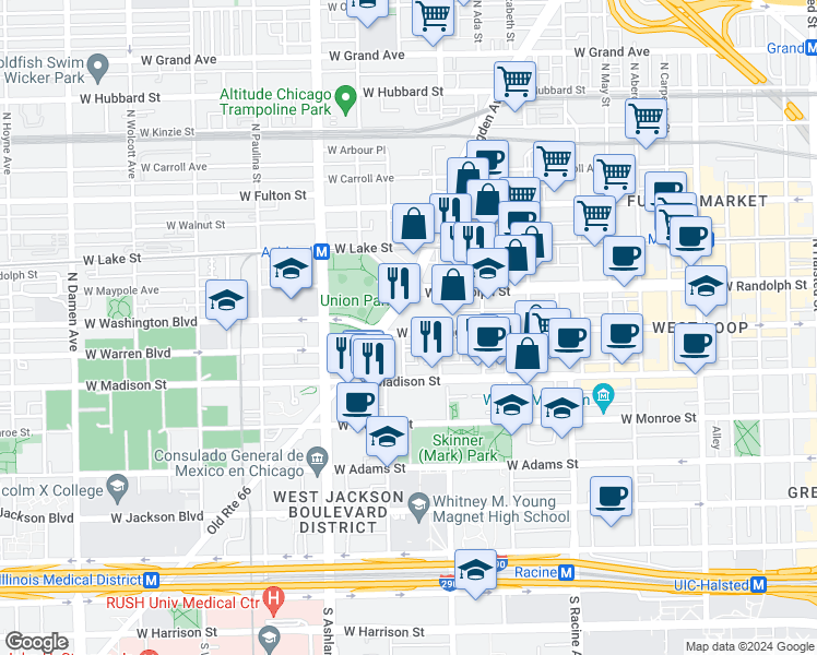 map of restaurants, bars, coffee shops, grocery stores, and more near 1426 West Washington Boulevard in Chicago