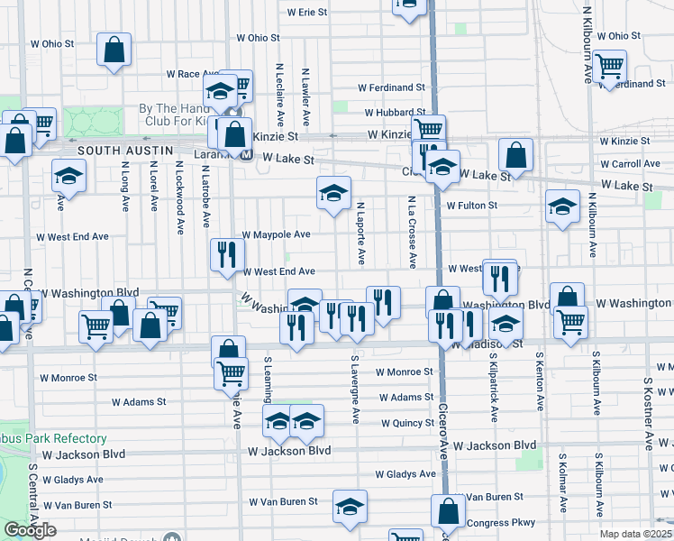 map of restaurants, bars, coffee shops, grocery stores, and more near N Lavergne Ave & W West End Ave in Chicago