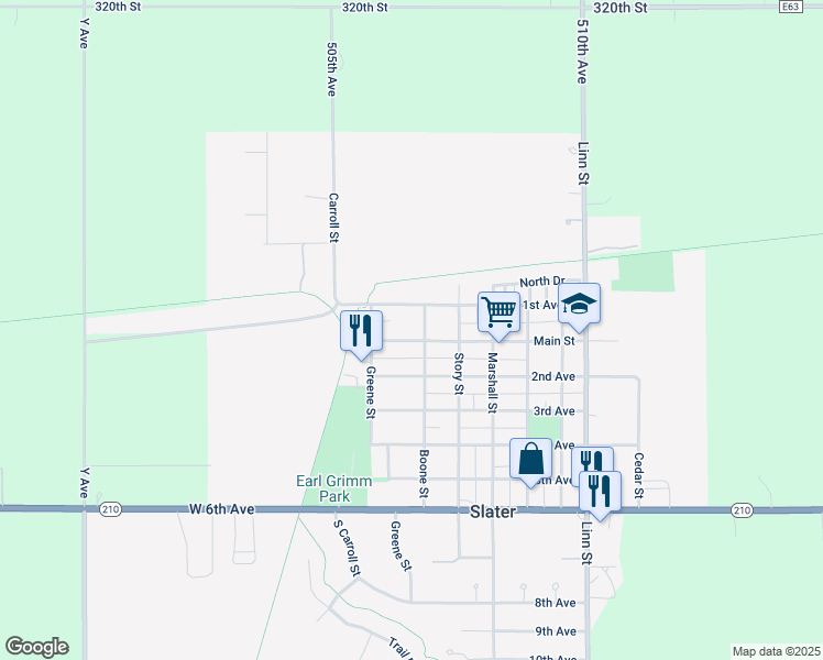 map of restaurants, bars, coffee shops, grocery stores, and more near 605 Main Street in Slater