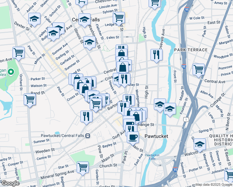 map of restaurants, bars, coffee shops, grocery stores, and more near 27 Hawes Street in Pawtucket