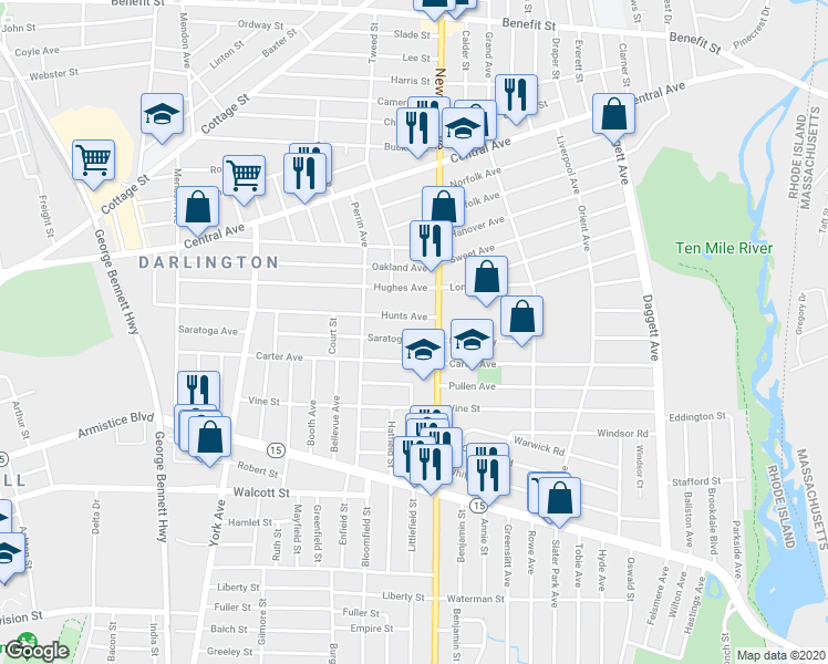 map of restaurants, bars, coffee shops, grocery stores, and more near 234 Saratoga Avenue in Pawtucket