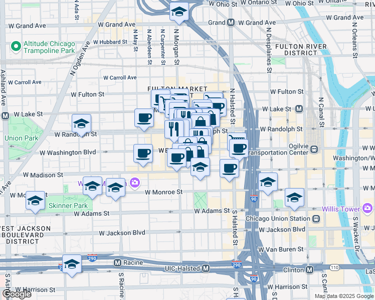 map of restaurants, bars, coffee shops, grocery stores, and more near 934 West Washington Boulevard in Chicago