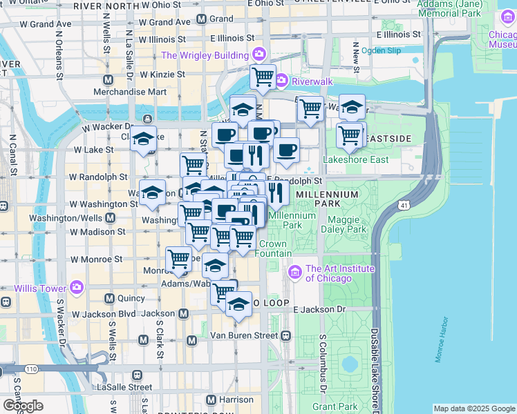 map of restaurants, bars, coffee shops, grocery stores, and more near 30 North Michigan Avenue in Chicago