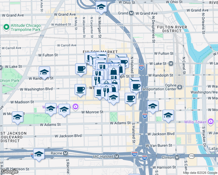 map of restaurants, bars, coffee shops, grocery stores, and more near 925 West Washington Boulevard in Chicago