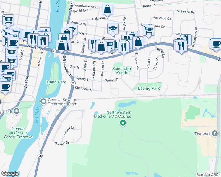 map of restaurants, bars, coffee shops, grocery stores, and more near 201 South Harrison Street in Geneva