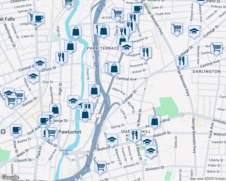 map of restaurants, bars, coffee shops, grocery stores, and more near 11 Allen Avenue in Pawtucket