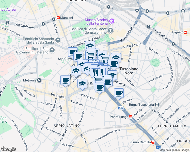map of restaurants, bars, coffee shops, grocery stores, and more near 115b Via Appia Nuova in Roma