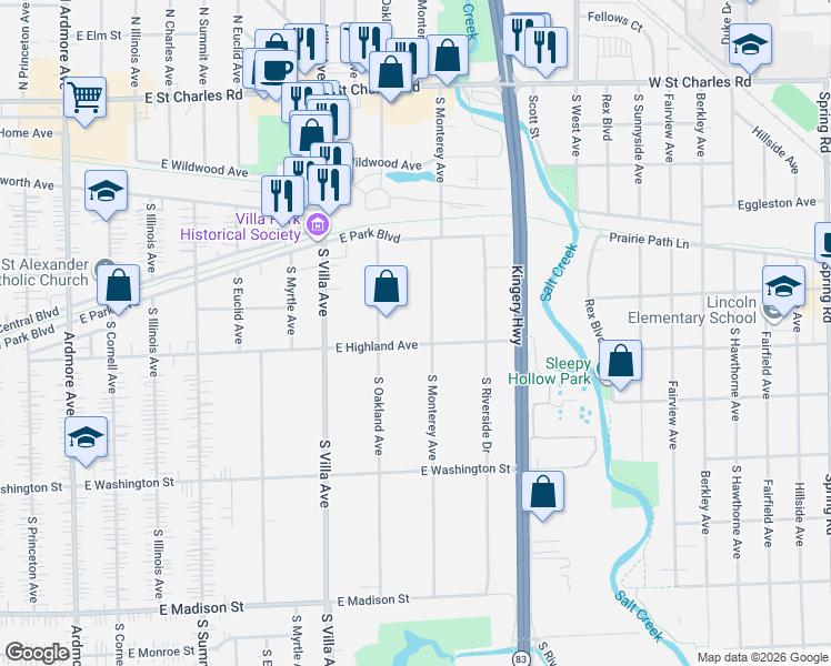 map of restaurants, bars, coffee shops, grocery stores, and more near 530 East Highland Avenue in Villa Park