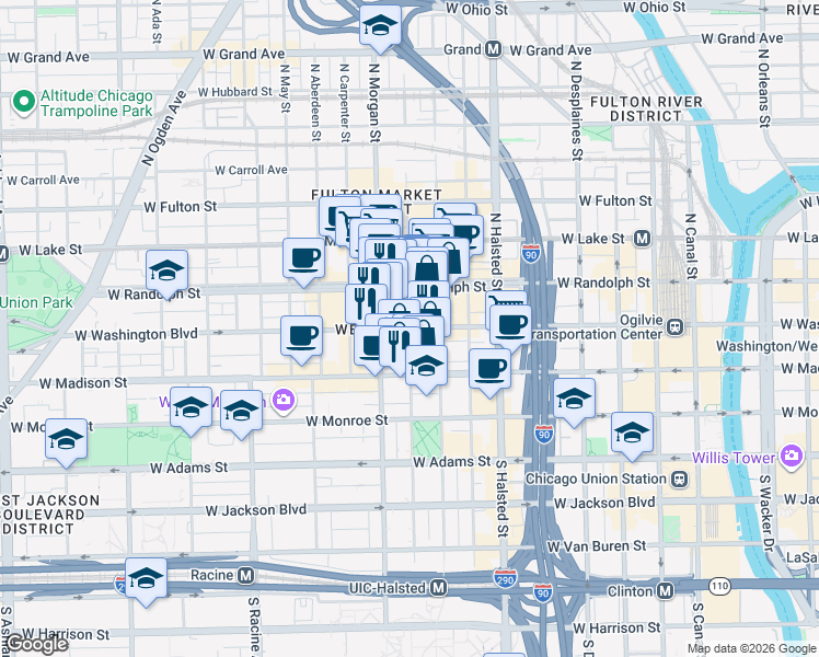 map of restaurants, bars, coffee shops, grocery stores, and more near 930 West Washington Boulevard in Chicago