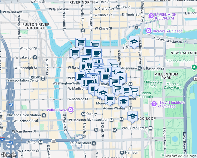 map of restaurants, bars, coffee shops, grocery stores, and more near 111 West Washington Street in Chicago