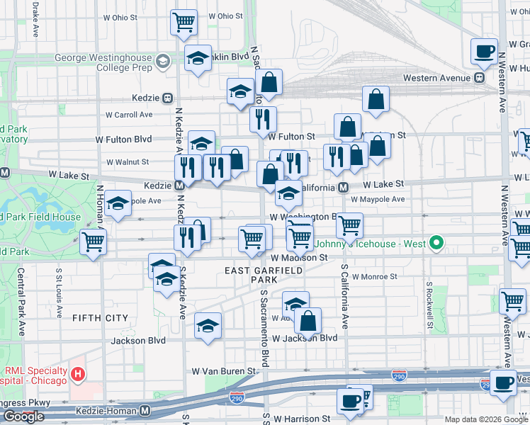 map of restaurants, bars, coffee shops, grocery stores, and more near 2950 West Washington Boulevard in Chicago