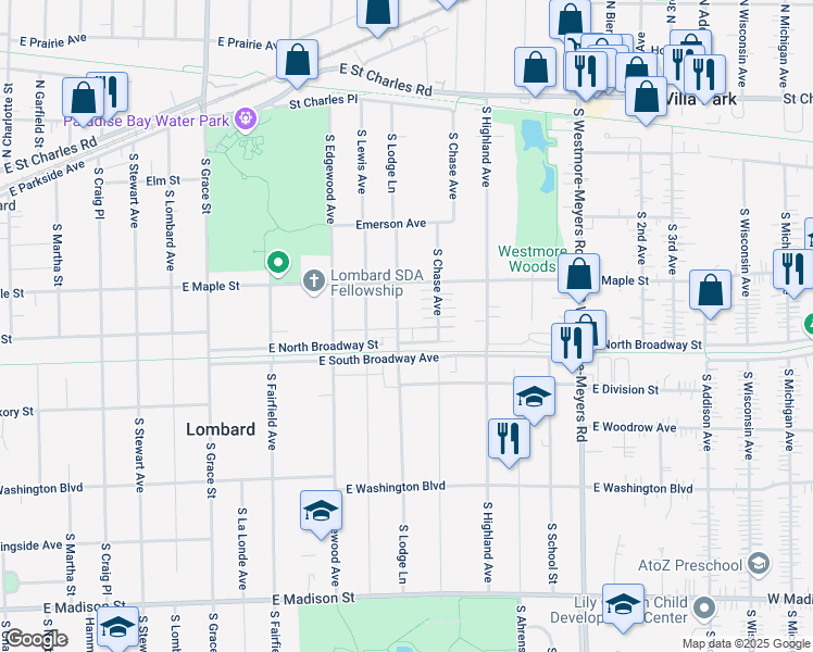map of restaurants, bars, coffee shops, grocery stores, and more near 233 South Lodge Lane in Lombard