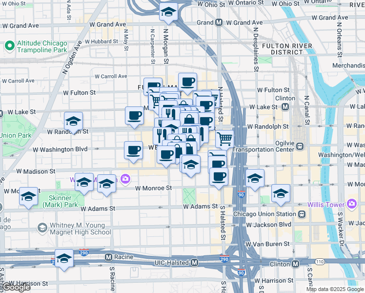 map of restaurants, bars, coffee shops, grocery stores, and more near 924 West Washington Boulevard in Chicago