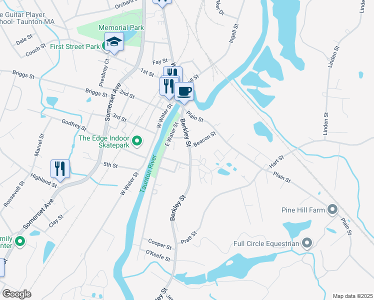 map of restaurants, bars, coffee shops, grocery stores, and more near 83 Berkley Street in Taunton