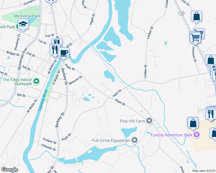 map of restaurants, bars, coffee shops, grocery stores, and more near 41 Hart Avenue in Taunton