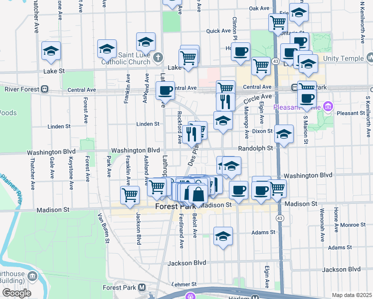 map of restaurants, bars, coffee shops, grocery stores, and more near 7510 Randolph Street in Forest Park